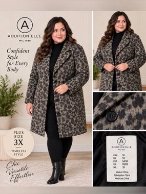 Addition Elle Leopard Print Wool Blend Coat Plus Size 3X 26/28